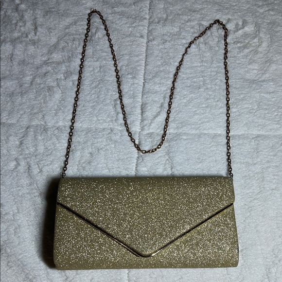 Handbags - Gold Glitter Envelope Clutch with Chain Strap